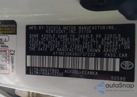 2006 Toyota Camry Le from USA, damaged, VIN 4T1BE30KX6U737233